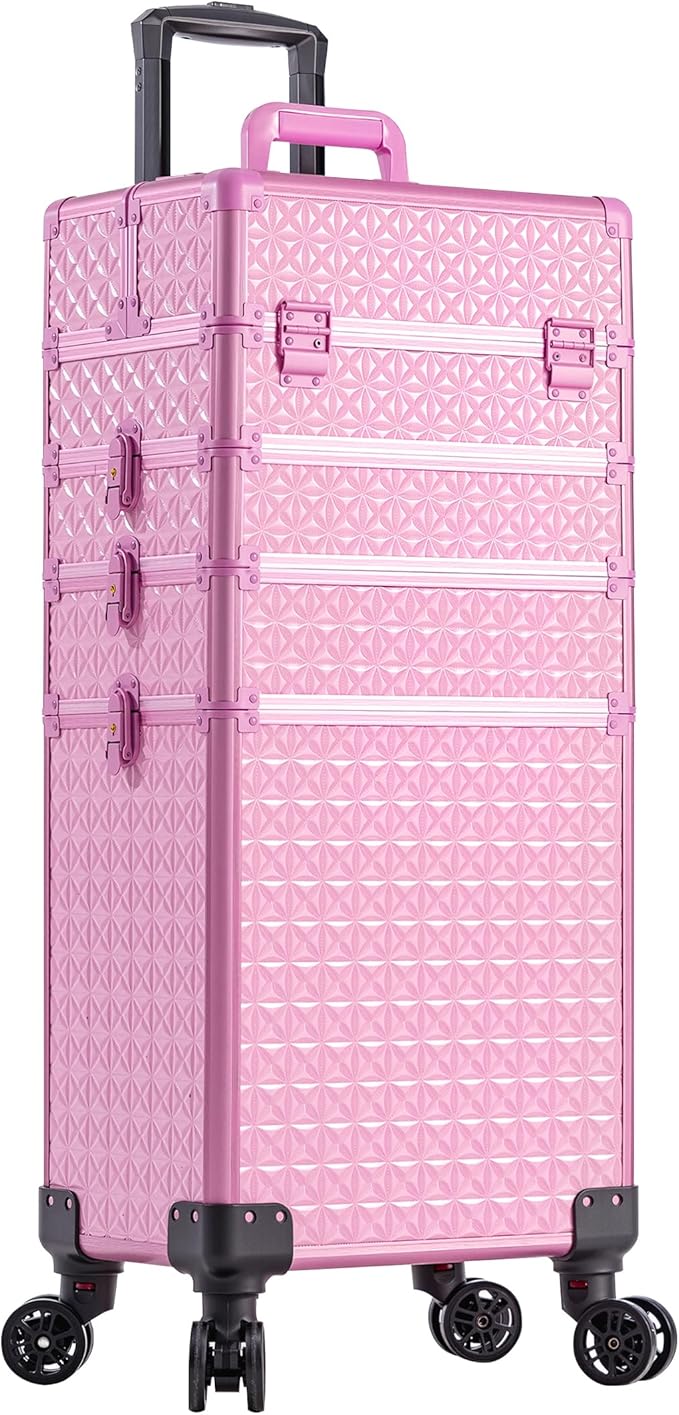 AROUS 5 in 1 Rolling Makeup Train Case Cosmetology Case on Wheels Large Cosmetic Organizer Travel Cart for Hairstylist Artist Nail Beauty Salon Barber,All Pink