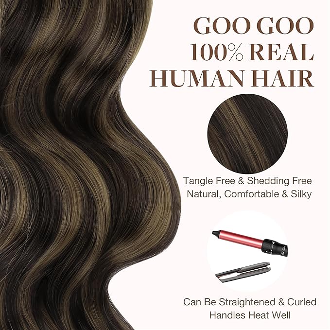 GOO GOO Tape in Hair Extensions Human Hair, 2/6 Dark Brown Highlighted Chestnut Brown, 14inch 100g 40pcs, Skin Weft Seamless Invisible, Silky Straight with Thick Ends, Remy Human Hair