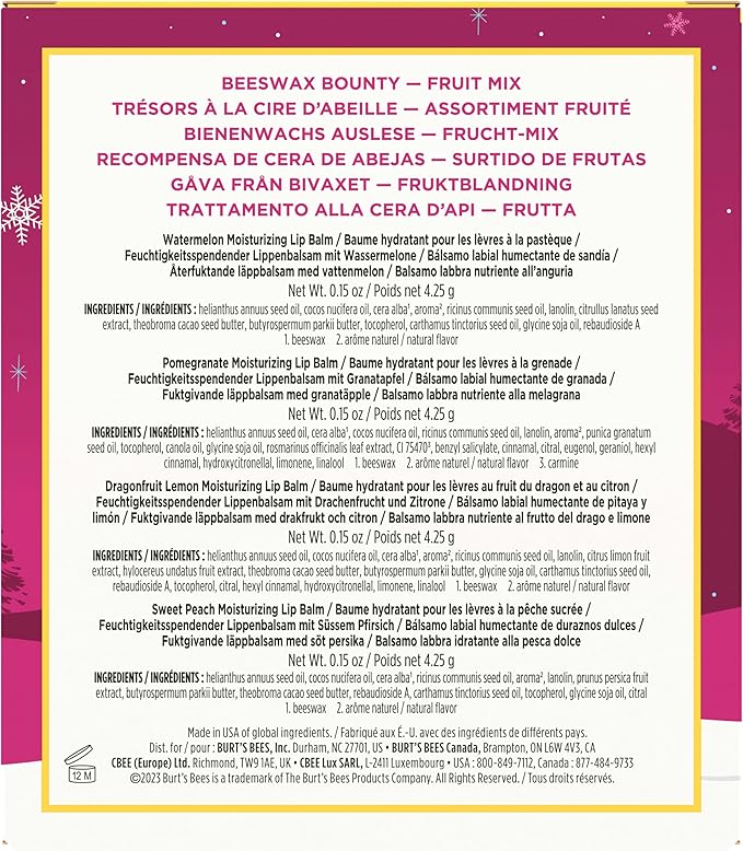 Burt's Bees Christmas Gifts, 4 Lip Balms Stocking Stuffers Products, Beeswax Bounty Fruit Mix - Watermelon, Pomegranate, Dragonfruit Lemon & Sweet Peach (Pack of 4)