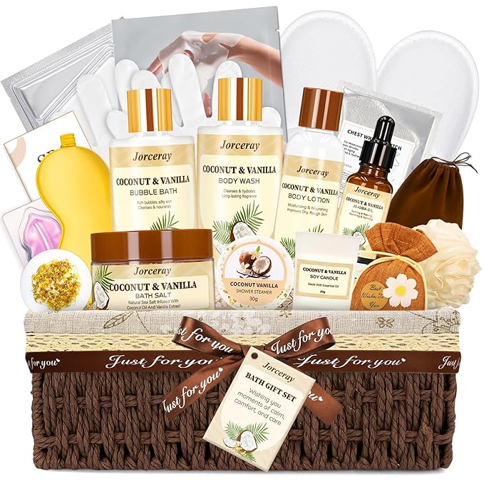 22PCS Valentines Day Spa Gift Baskets for Women, Luxury Bath and Body Gift Basket Set for Women Coconut Vanilla Spa Kit Relaxing Spa Self Care Gift for Her Wife Lover Mom Sister Friend