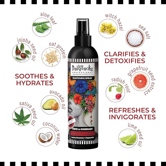 Dollylocks Sea Salt Texture Spray | Plant-Based, Vegan, Residue-Free | Tighten Locs Dreadlocks | Loose Hair Care | Rosemary Peppermint Lemon | 8oz