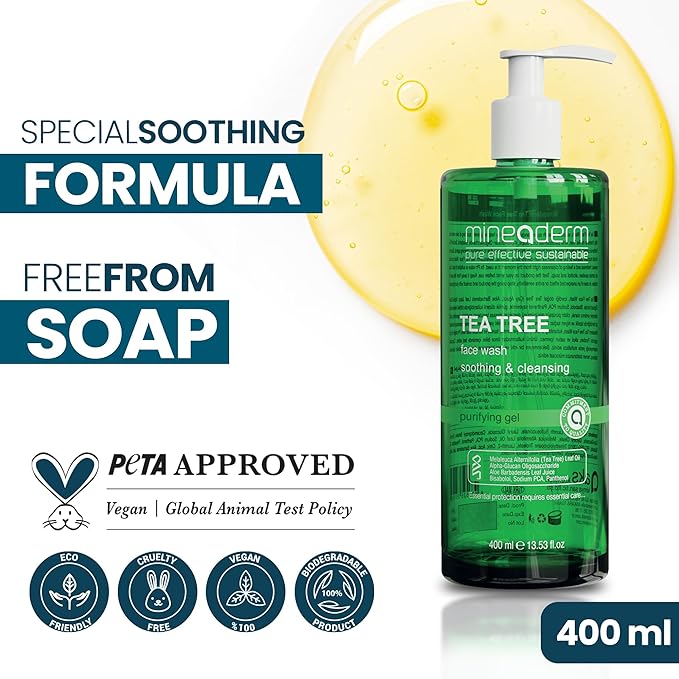 Mineaderm Tea Tree Face Wash for Acne-Prone & Oily Skin – Purifying Facial Cleanser with Aloe Vera, Panthenol & Bisabolol – Gentle Daily Gel Cleanser – 13.53 fl oz