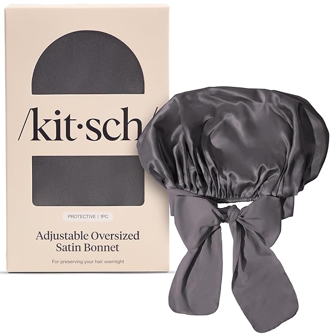 Kitsch XL Satin Bonnet for Sleeping - Softer Than Silk Hair Bonnet for Women - Secure Fit, Adjustable Night Cap for Curly & Textured Hair - Prevents Breakage, Tangles & Thinning - Charcoal