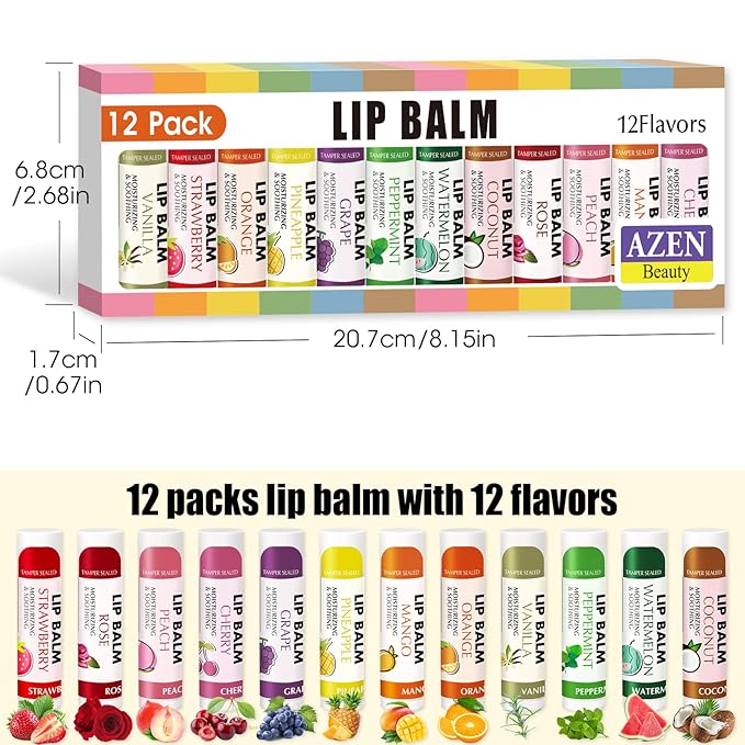 AZEN 12 Pack Lip Balm, Natural Lip Balm Bulk, Lip Care Product, Moisturizing Lip Balms for dry cracked lips - 12 Flavors