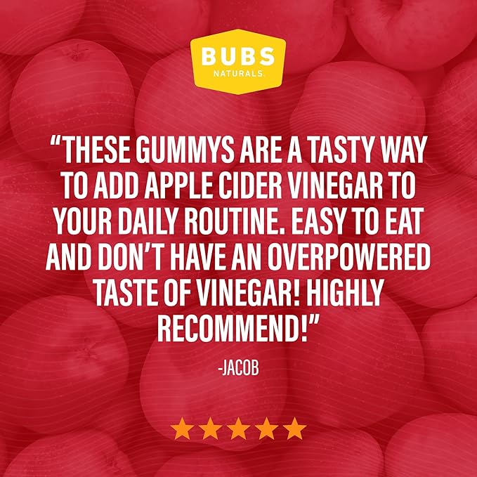 BUBS Naturals Apple Cider Vinegar Gummies with The Mother, All Natural Vegan ACV Gummy Vitamins, Supports Detox, Digestion & Energy Booster with B Vitamins, 60 Count