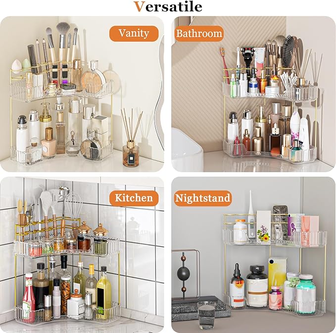 Webetop Corner Makeup Organizer for Vanity, 2 Tier Bathroom Cosmetics Organizer Countertop with Make up Brush Holder Corner Counter Storage Skincare Organizer for Bathroom Dresser Toiletry(Clear)