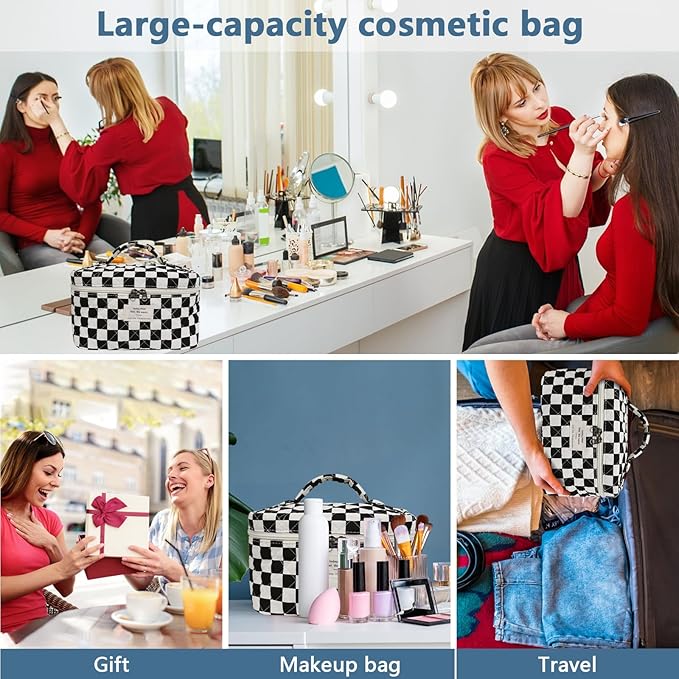 Large Makeup Bag, Cute Cosmetic Bag for Women Girls, Floral Coquette Aesthetic Toiletry Bag, Travel Make Up Organizer Bag (Black Checkered)