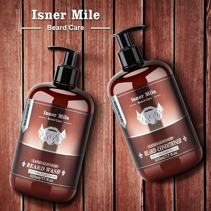 ISNER MILE Beard Wash & Conditioner Set for Men - 17 oz Shampoo with Biotin, Argan & Jojoba Oils for Smooth, Soft, and Strengthened Beard - Sandalwood Scented Grooming Gift