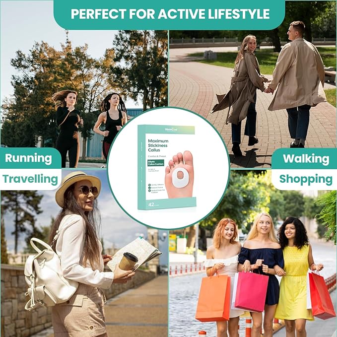 Welnove 42pcs Callus Pad with Water-Resistant Self-Stick Adhesive, Protects Foot, Heel and Toes from Rubbing and Friction,Oval Shape Design,Reduce Pressure and Friction from Shoes Rubbing-White