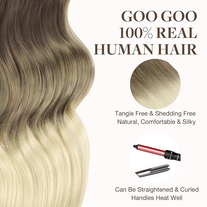 GOO GOO Tape in Hair Extensions Human Hair, 9/60 Balayage Ash Brown to Platinum Blonde, 24inch 50g 20pcs, Skin Weft Seamless Invisible, Silky Straight with Thick Ends, Remy Human Hair