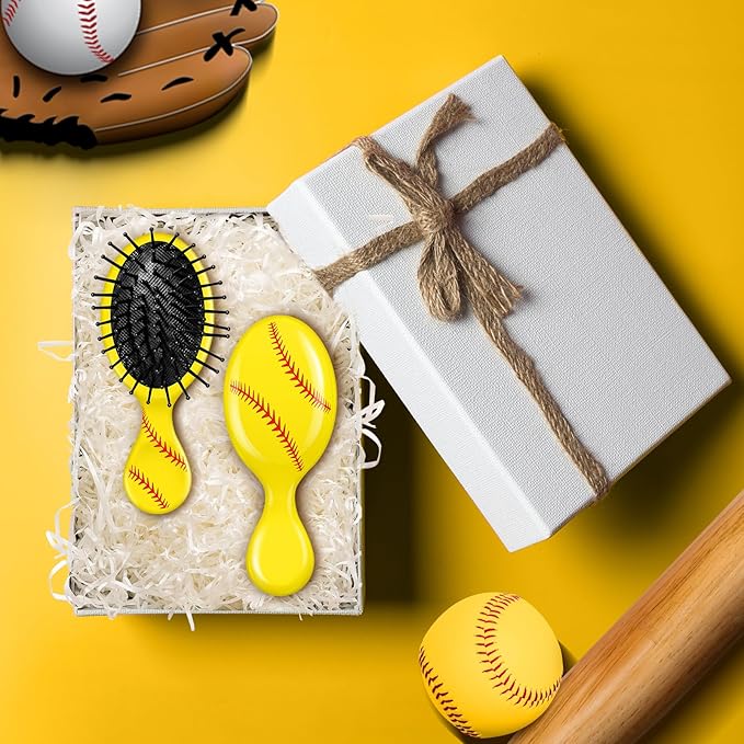 12 Pcs Softball Mini Detangler Brush, Mini Travel Hair Brush, Bristles Plastic Detangling Brush, No Tangle Soft Flexible Bristles for Straight, Curly, Thick Hair for Softball Team Gift Sport Party