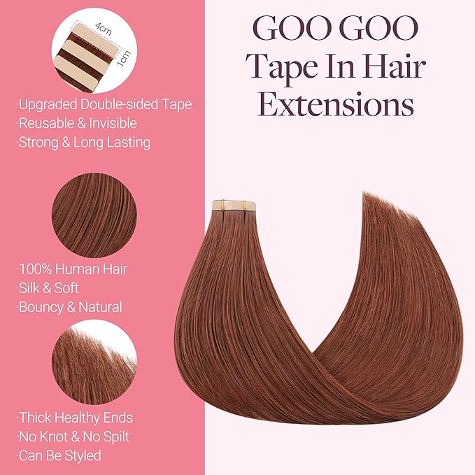 GOO GOO Tape in Hair Extensions Human Hair, #33B Dark Auburn Copper, 12inch 20g 10pcs, Skin Weft Seamless Invisible, Silky Straight with Thick Ends, Remy Human Hair