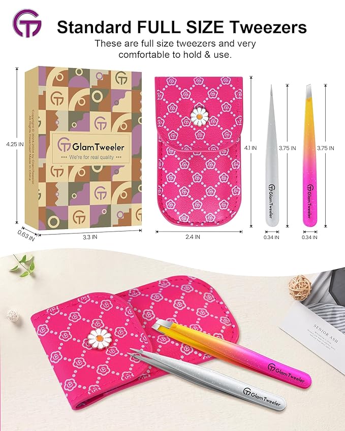 Expert Slant and Point Tip Tweezer Set with Exclusive Travel Case, GlamTweeler Sharp & Precision Tweezer Set for Eyebrows, Facial Hairs & Fine Hairs Removal (Sparkle Hot Pink + Silver)