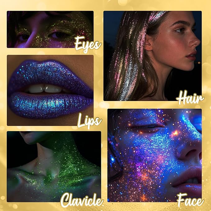 CAHOTO Gold Rolling Glitter for Face Body & Hair, Sparkling Holographic Chunky Shimmer, Roll-on Sequins for Singer Concert Mardi Gras Rave Festival Halloween Party Carnival, 1.35fl.oz