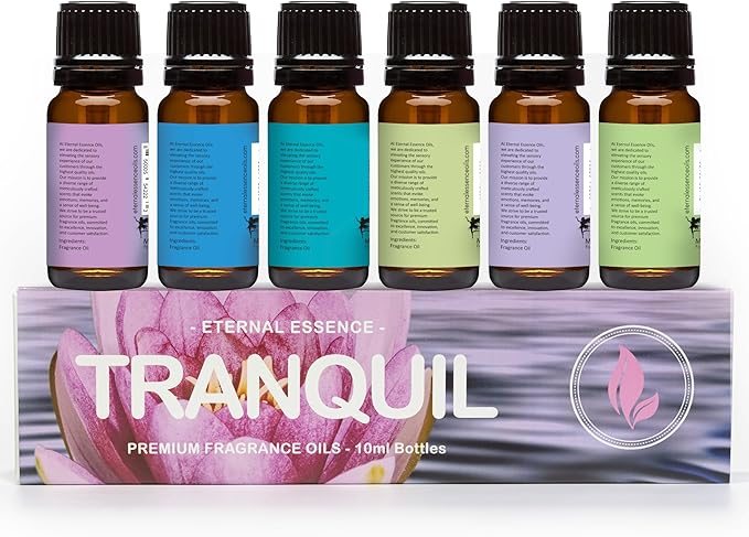 Eternal Essence Oils Tranquil Set of 6 Premium Fragrance Oils - Includes Lavender Breeze, Mountain Rain, Ocean Breeze, Lavender Chamomile, Green Tea, and Rosemary Scented Oils - 10ML