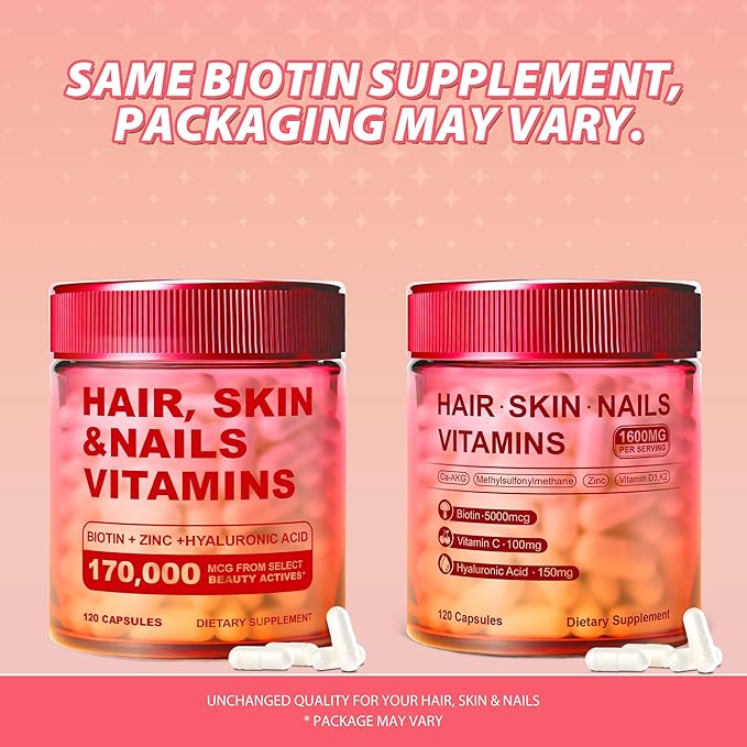 Kereeao Biotin Supplement for Hair, Skin and Nails - Support Healthy Hair Growth for Women & Men - Strong Nails & Radiant Skin - with Biotin, Hyaluronic Acid, Vitamin C, D3 & K2-120 Capsules (1 Pack)