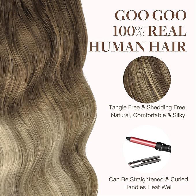 GOO GOO Tape in Hair Extensions Human Hair, 4/18 Balayage Chocolate Brown Highlighted Dirty Blonde, 24inch 100g 40pcs, Skin Weft Seamless Invisible, Silky Straight with Thick Ends, Remy Human Hair