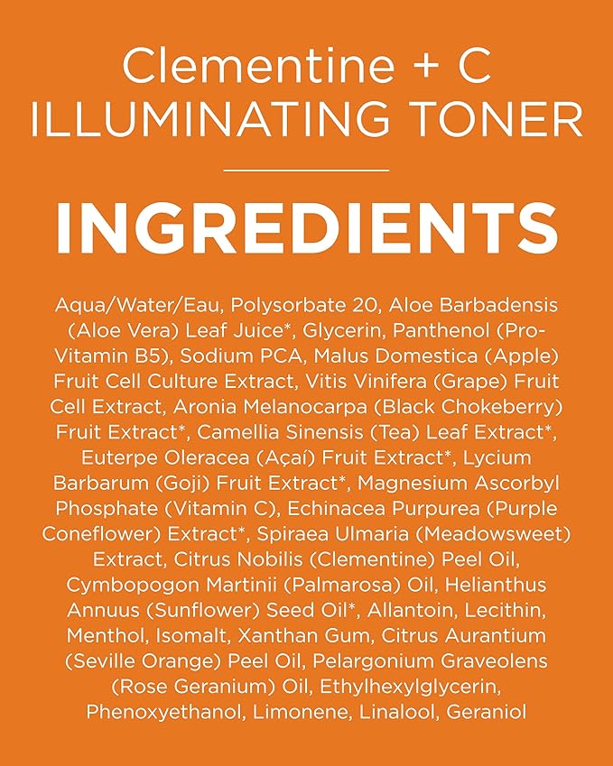 Andalou Naturals Illuminating Facial Toner Clementine + Vitamin C - Hydrating Face Mist Toner to Balance & Refresh Skin - with Fruit Stem Cell Complex Plus Aloe Vera - 6 fl oz