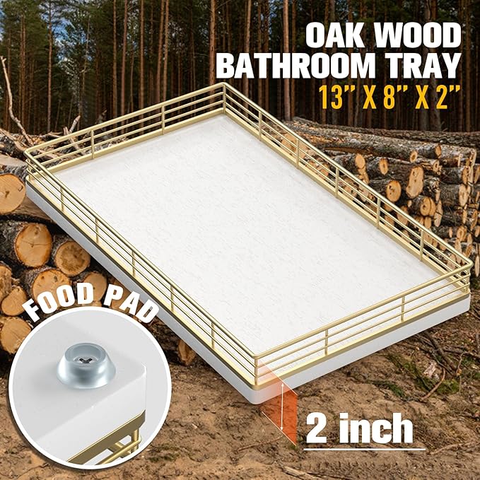 Large Bathroom Vanity Tray – 13" x 8" Oak Decorative Wooden Tray for Bathroom Countertop & Vanity Organizer, Wood Tray for Perfume, Skincare & Accessories Storage, Vanity Dresser Decor Gold & White