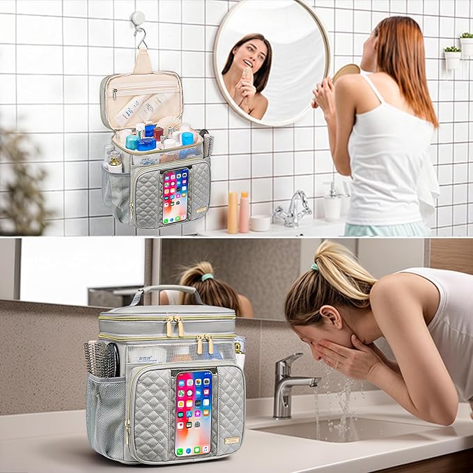 Large Leather Toiletry Bag for Women Men,Bathroom Bag,Water Resistant Shower Bag,Makeup Bag,Portable Shower Caddy for College Dorm,Hanging Travel Toiletry Bag with Transparent Waterproof Phone Pocket