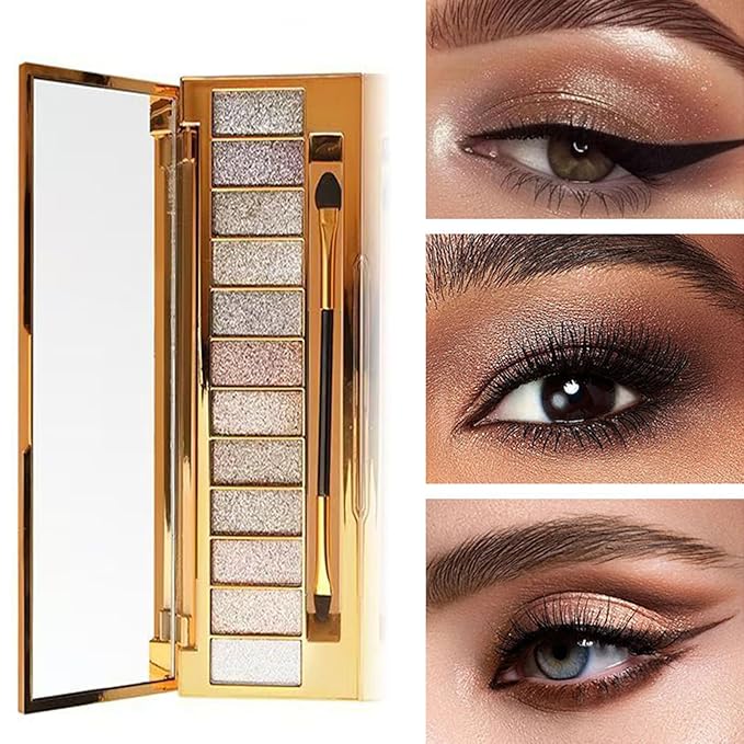 Glitter Eyeshadow Palette,12-Color Shimmer Eyeshadow Makeup Set with Highly Pigmented, Waterproof & Long-Lasting Metallic Sparkle (12-color)