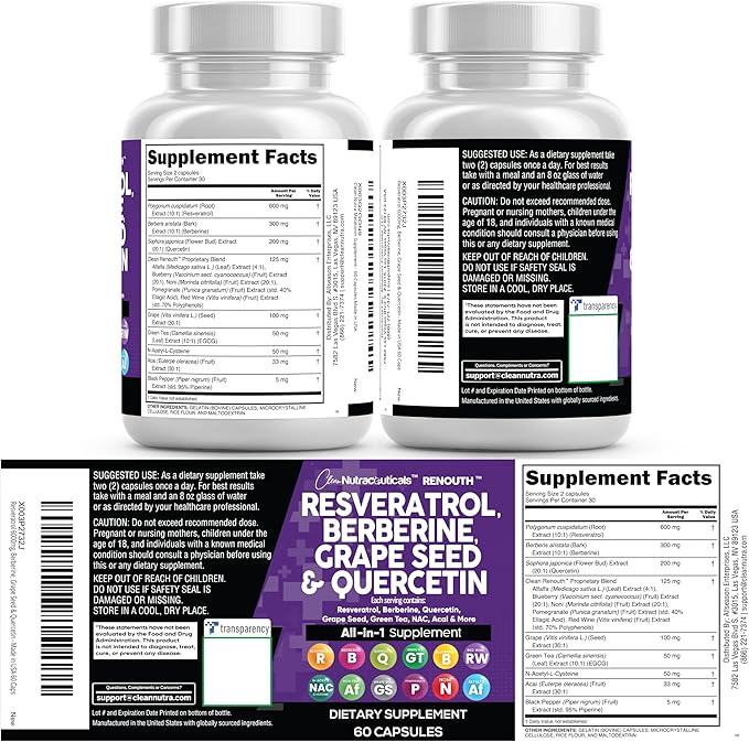 Clean Resveratrol Supplement | Berberine Grape Seed Extract Quercetin Green Tea Extract Acai Noni Polyphenol Supplement for Women & Men Anti Aging N-Acetyl Cysteine NAD Booster