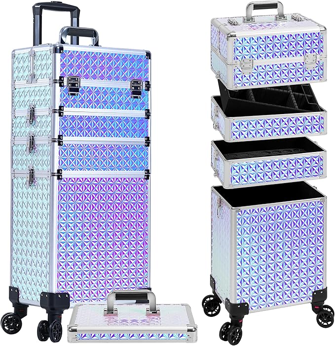 AROUS 5 in 1 Rolling Makeup Train Case Cosmetology Case on Wheels Large Cosmetic Organizer Travel Cart for Hairstylist Artist Nail Beauty Salon Barber,Silver