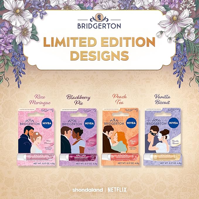 NIVEA Rose Meringue Lip Balm, Nourishing Lip Care, Bridgerton Limited Edition Moisturizing Lip Balm with Shea Butter, 3-in-1 Moisture, Repair and Nourish, 0.17 Oz Stick