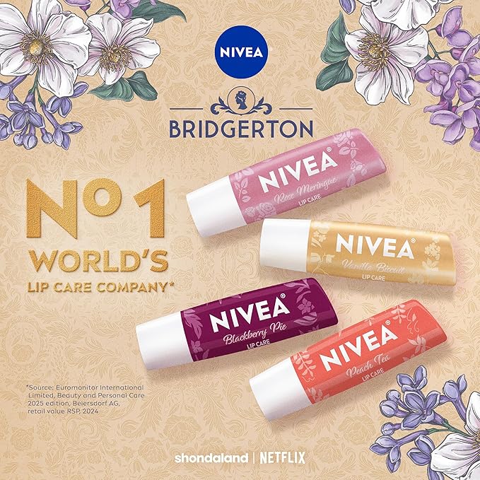 NIVEA Lip Care, Bridgerton Limited Edition Moisturizing Lip Balms with Shea Butter, Blackberry Pie, Peach Tea, Rose Meringue, and Vanilla Biscuit, Four 0.17 Oz Sticks
