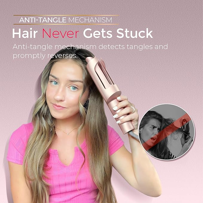 TYMO CurlPro Plus Automatic Rotating Curling Iron - Upgraded Long Barrel Curling Wand for Long Hair, Ceramic Hair Curler for Women, Anti-Scald, Tangle-Free, 600M Ionic, Dual Voltage,Gold Blush, 1 Inch