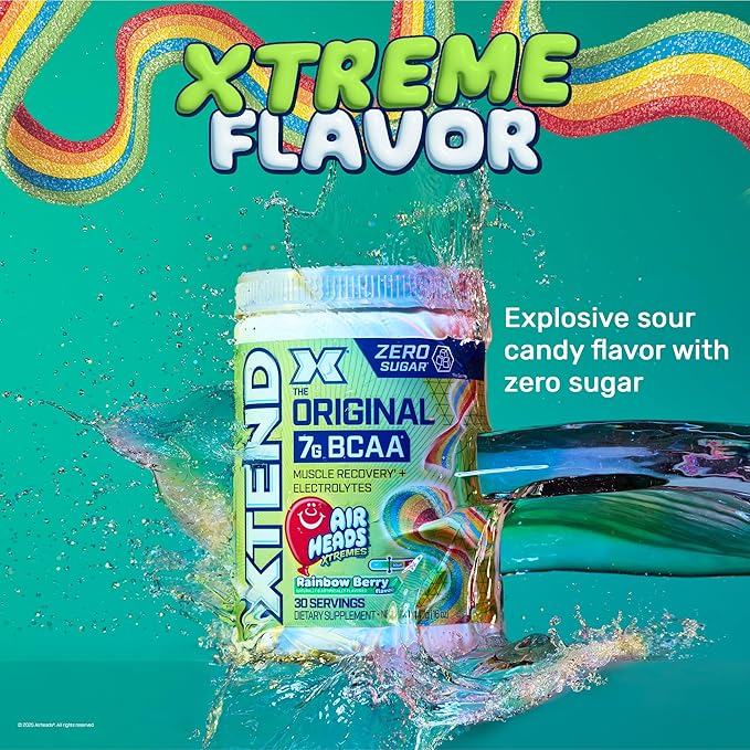 Xtend Original BCAA Powder Airheads Rainbow Berry Flavor, 7g BCAA and 2.5g L-Glutamine, Sugar Free Post Workout Muscle Recovery Drink with Amino Acids for Men & Women, 30 Servings