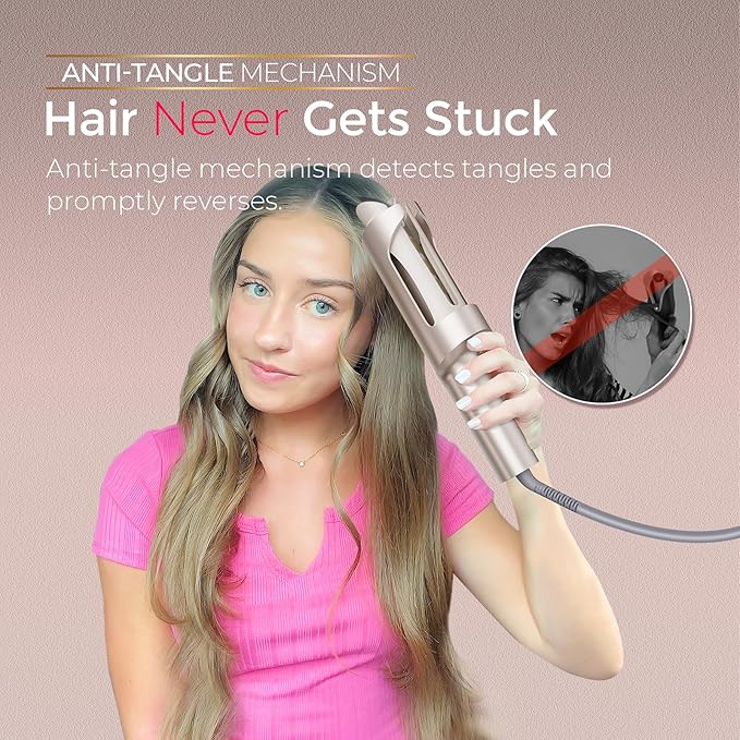 TYMO CurlPro Plus Automatic Rotating Curling Iron - Upgraded Long Barrel Curling Wand for Long Hair, Ceramic Hair Curler for Women, Anti-Scald, Tangle-Free, 600M Ionic, Dual Voltage, Gold, 1 1/4 Inch