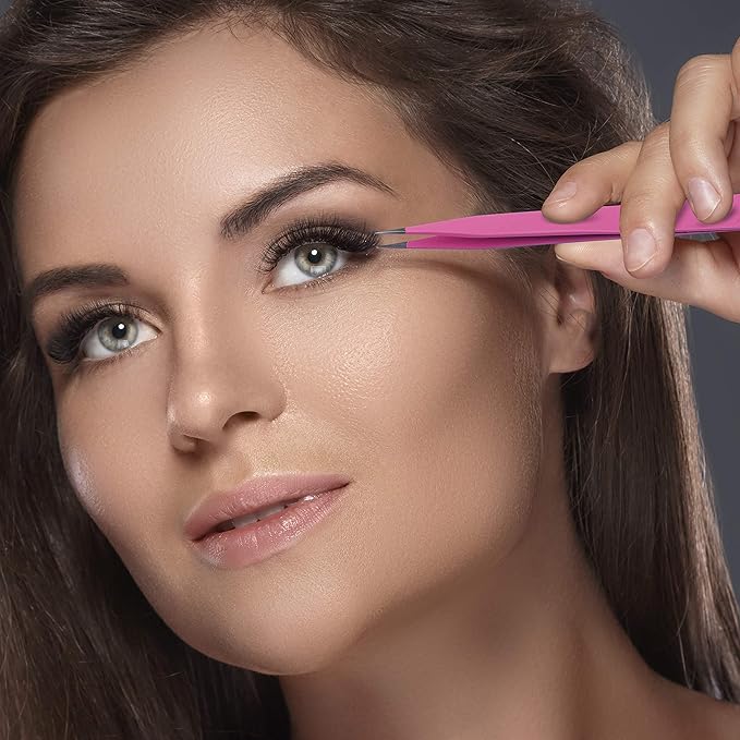 SIVOTE Lash Tweezers for Eyelash Extensions – Professional Stainless Steel Straight & Curved Tips – Precision Lash Extension Tweezers Set for Volume & Classic Lashes (c, Pink)