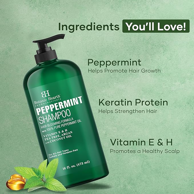 Botanic Hearth Peppermint Oil Shampoo | Hair Blooming Formula With Keratin For Thinning Hair | Fights Hair Loss, | Sulfate Free For Men And Women | 16 Fl Oz