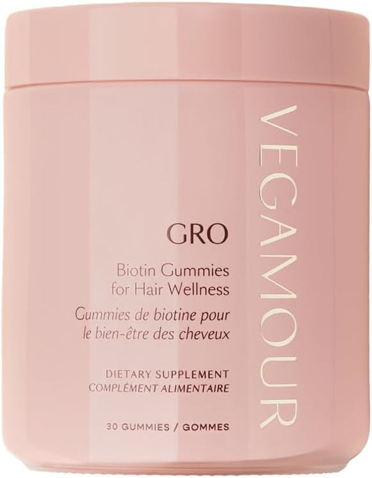 VEGAMOUR GRO Biotin Gummies, Strawberry Flavor with 5000 mcg Biotin, Supports Healthy Hair Vegan Gummies with Vitamins A, B, C, E, B-12 & More, 30 Ct