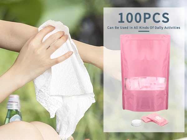 Classycoo Compressed Towel 100 PCS Tablets - Thick, Individually Wrapped Portable Disposable Face Towel Cotton Coin Cloth for Travel, Camping, Hiking, Beauty, Wipes(Soft, Odorless, 9.64 x 7 IN)