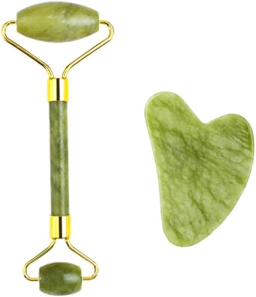 Natural Jade Facial Massage Roller and Gua Sha Set, Green Stone with Gold Accents, Traditional Chinese Beauty Tools for Face