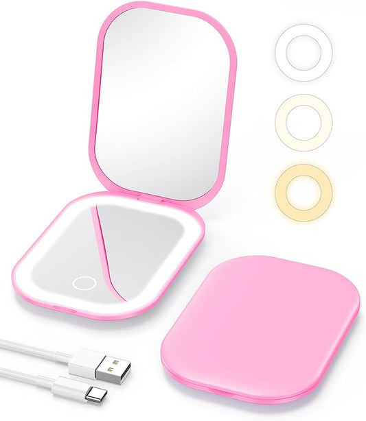 Gospire Lighted Compact Mirror with Light and Magnification 1X/3X, Stepless Dimming and Three-Color Adjustable Lights, Rechargeable Battery and Compact Size for Purse and Travel - Deep Pink