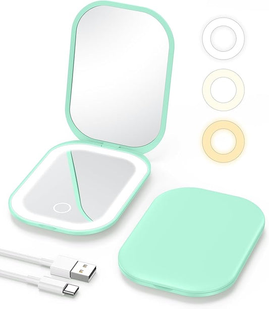 Gospire Lighted Travel Makeup Mirror with Light and Magnification, 3X Magnification Rechargeable Small Mirror with Three-Color Adjustable Light，Portable for Purse - Green
