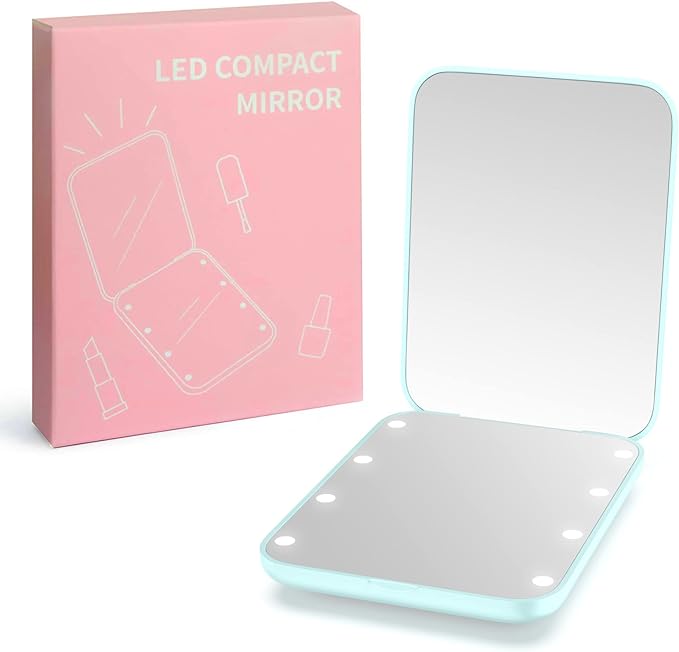 WOBSION Small Mirror with Lights,LED Compact Makeup Mirror,1x/3x Mini Travel Mirror with Magnification,Portable for Purse,Pocket,Gifts for Girls,Cyan