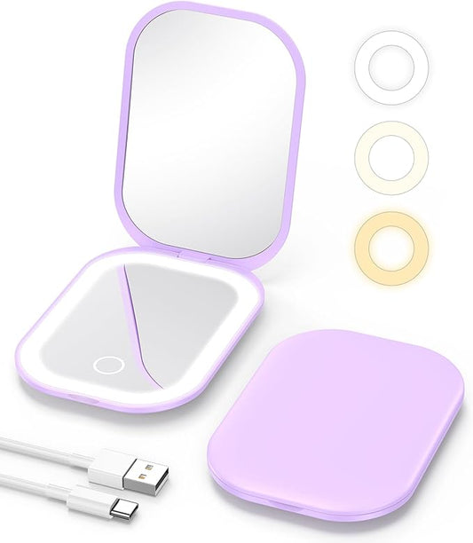 Gospire Lighted Compact Mirror with Light and Magnification 1X/3X, Stepless Dimming and Three-Color Adjustable Lights, Rechargeable Battery and Compact Size for Purse and Travel -Purple