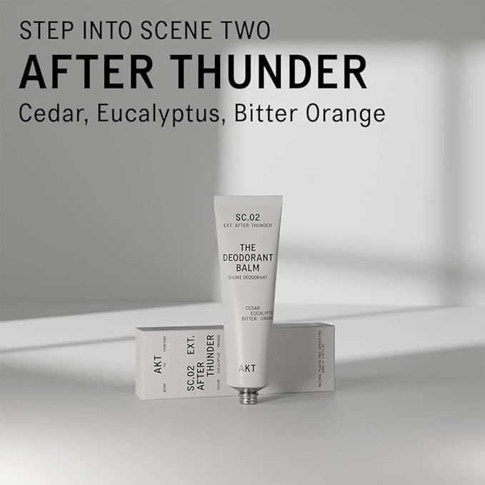 AKT, THE DEODORANT BALM. Award winning, multi-use, natural deodorant. Plastic Free. Gender Free. Aluminium Free. 100% effective — 1 tube lasts up to 3 months. SC.02 AFTER THUNDER. 50ml/1.76 FL.OZ