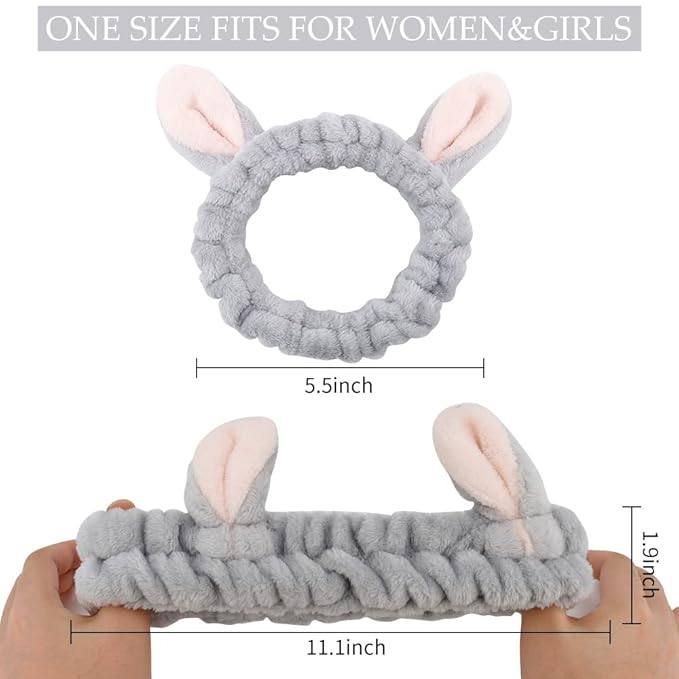 AHONEY Animals Ears Headbands, Cute Makeup Spa Fuzzy Skincare Headband for Washing Face Headband for Women Girls Coral Fleece Elastic Hair Band Cosplay Makeup Party, 4Pcs