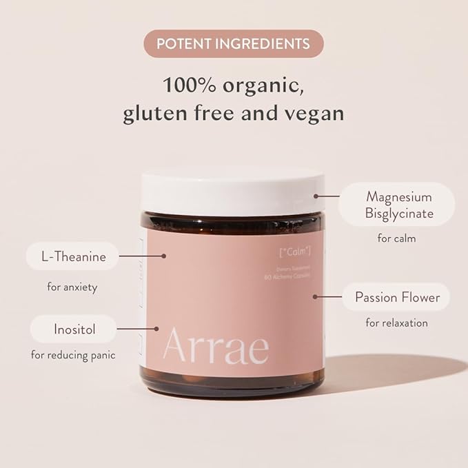 Arrae Calm Cortisol Manager - 60 Stress & Panic Relief Capsules - Mood Support Supplement w/L-Theanine, Inositol, Passionflower, & Magnesium to Help You Feel Zen