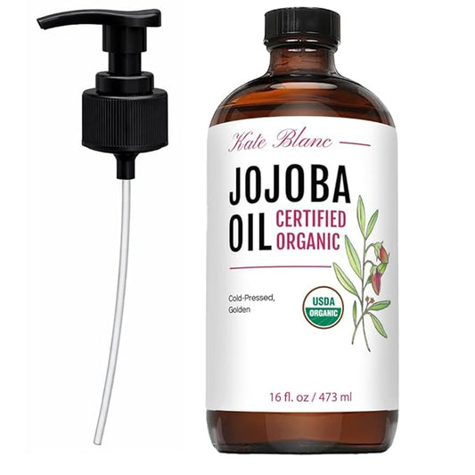 Kate Blanc Cosmetics Organic Jojoba Oil for Hair, Skin & Face (16oz, 100% Pure, Cold Pressed, Natural, Hexane Free, Glass Bottle)
