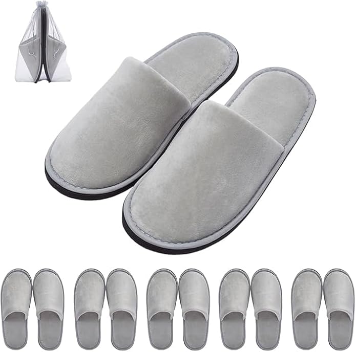 SIMEIER 6 Pairs Gray Spa Slippers for Guests, Disposable & Reusable Non-Slip Hotel Slippers with Storage Bag, Soft Cotton Guest Slippers for Women & Men, Non-Slip for Home, Gym, Bridal Party