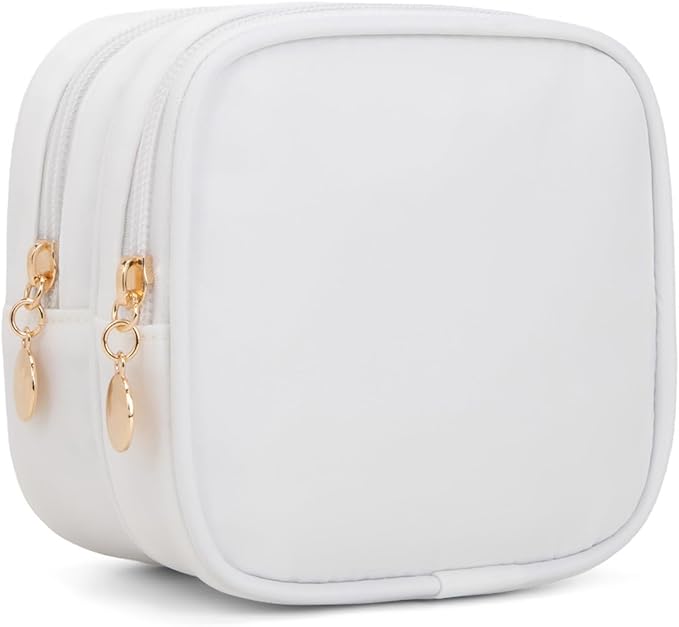 Small Makeup Pouch, Double Zipper Cosmetic Bag, Travel Makeup Bag, Cute Makeup Bag for Purse, Mini Toiletry Bag (White)