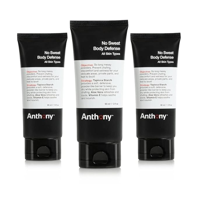 Anthony No Sweat Body Defense Deodorant for Men, Anti-Chafing & Anti-Itch Cream-to-Powder Lotion for Groin, Thighs & Underarms, Talc-Free, Absorbs Moisture, Sweat & Odor Control, 3 fl oz (Pack of 3)