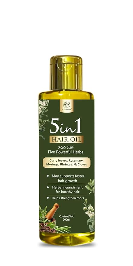 5 in 1 Herbal Hair Oil with Curry Leaves, Rosemary, Clove, Moringa & Bhringraj – 100% Natural, Mineral Oil Free, Hair Growth & Strengthening Oil (200 ml, Pack of 1)