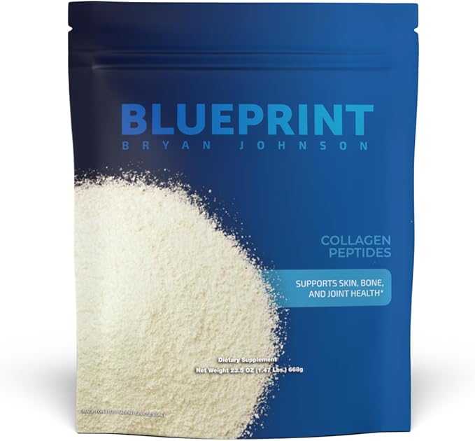 Blueprint Bryan Johnson Hydrolyzed Collagen Peptides Powder – Type I, II & III Collagen for Women & Men – Unflavored Protein Supplement for Hair, Skin, Nails, Joints & Cartilage – 20g – 30 Servings